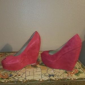Red suede peep toe wedges